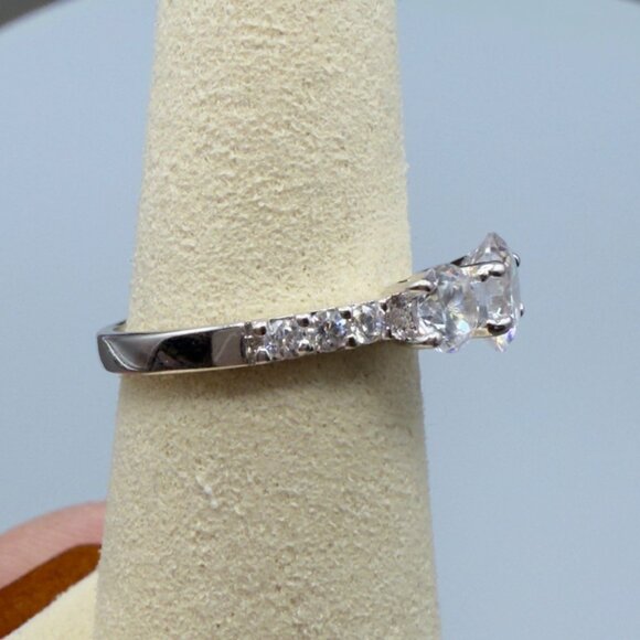 Three Stone Cubic Zirconia Engagement Ring Silver Tone Round Cut Size 6 - Picture 12 of 14